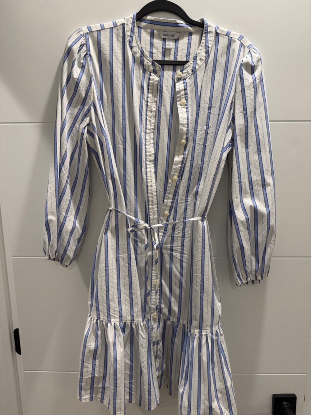 Nine West White and Blue Striped Tie-Waist Shirt Dress
